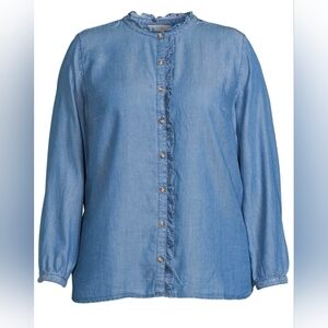 Terra & Sky NEW Ruffle Front Button Down Chambray Blouse Blue - Plus Size 3X